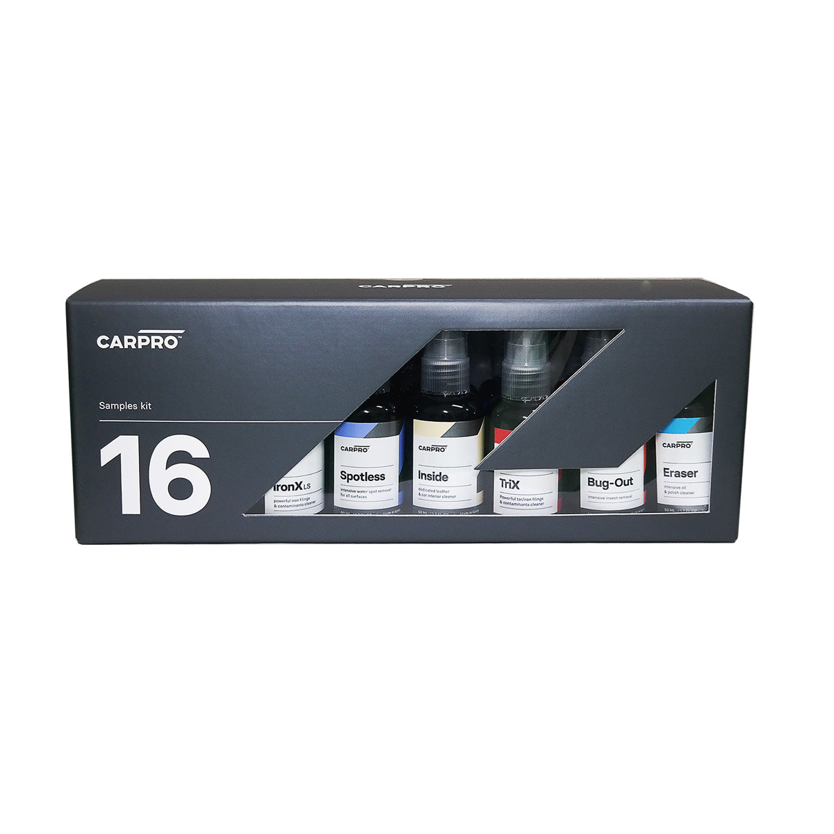CARPRO Cube Box Starter Kit con sei flaconi di prodotti per la cura dell'auto, confezionati in una scatola nera con finestra trasparente, su sfondo bianco.