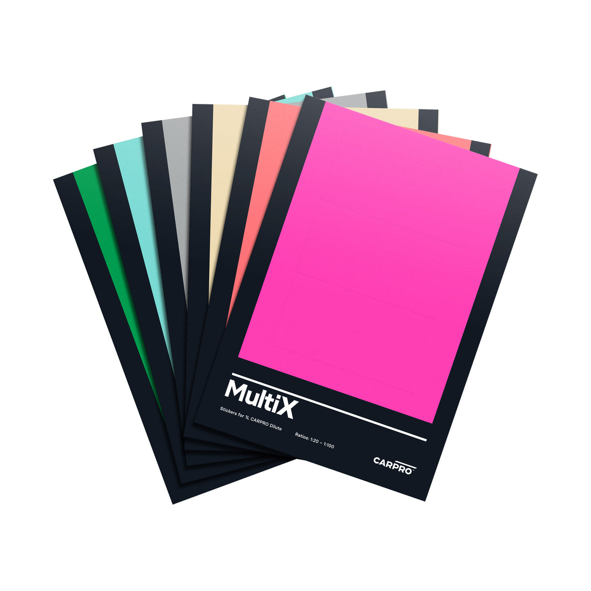 Set di adesivi colorati CARPRO Dilute su sfondo bianco, ideali per etichettare e organizzare le miscele chimiche per il detailing auto.