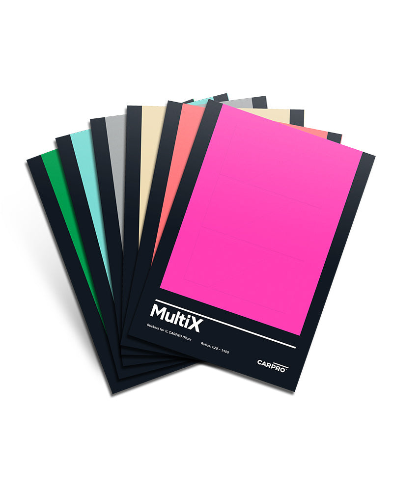 Set di adesivi colorati CARPRO Dilute su sfondo bianco, ideali per etichettare e organizzare le miscele chimiche per il detailing auto.