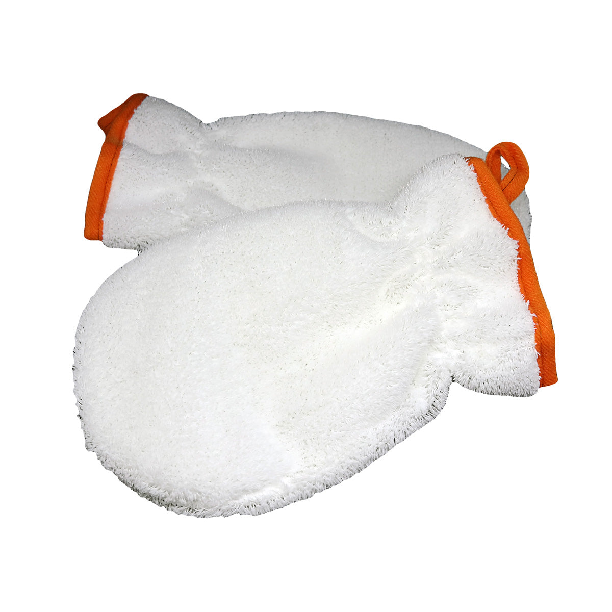 CARPRO Inner Scrub per la pulizia degli interni dell'auto. I guanti sono bianchi con bordi arancioni e sono progettati per rimuovere lo sporco ostinato in modo efficace e delicato, proteggendo le superfici interne dell'auto.
