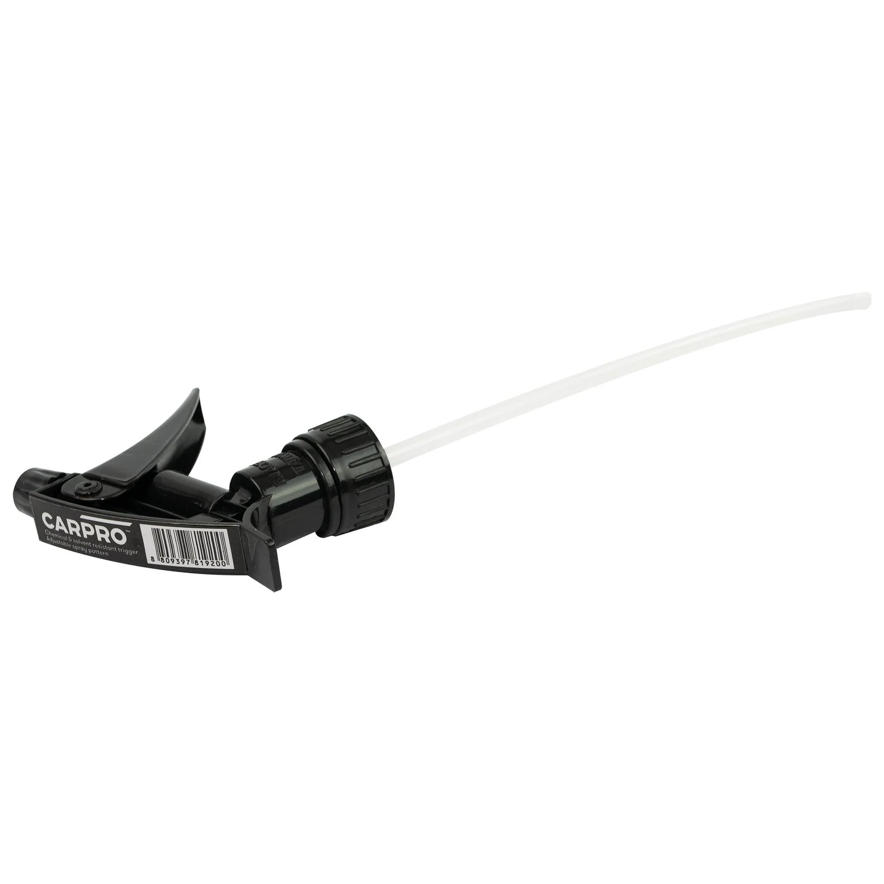 Spruzzino nero CARPRO 28mm con tubo bianco, ideale per l'applicazione di prodotti per detailing auto, su sfondo bianco.
