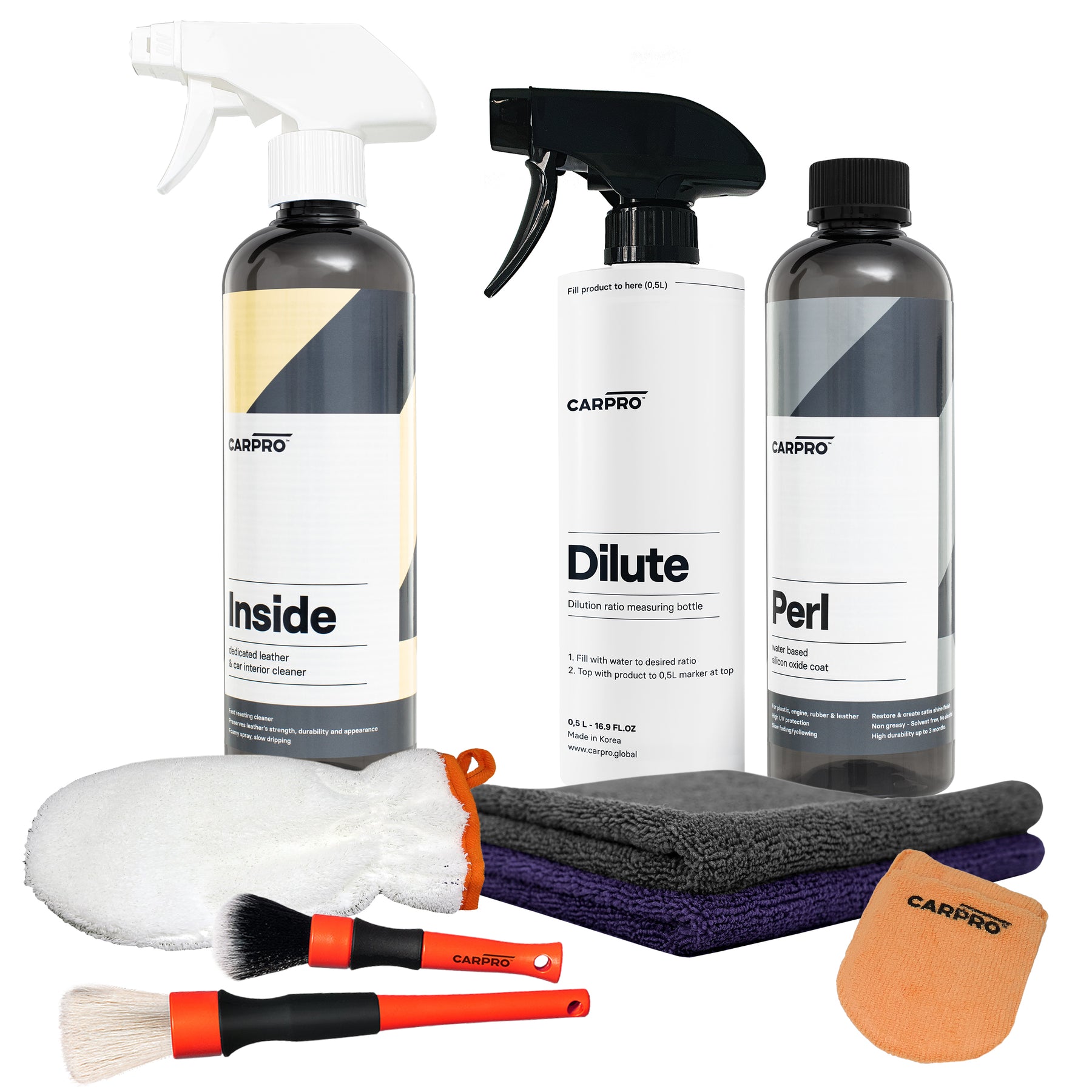 Kit CarPro Inside & Perl per pulizia e protezione degli interni auto, perfetto per un dettaglio professionale.