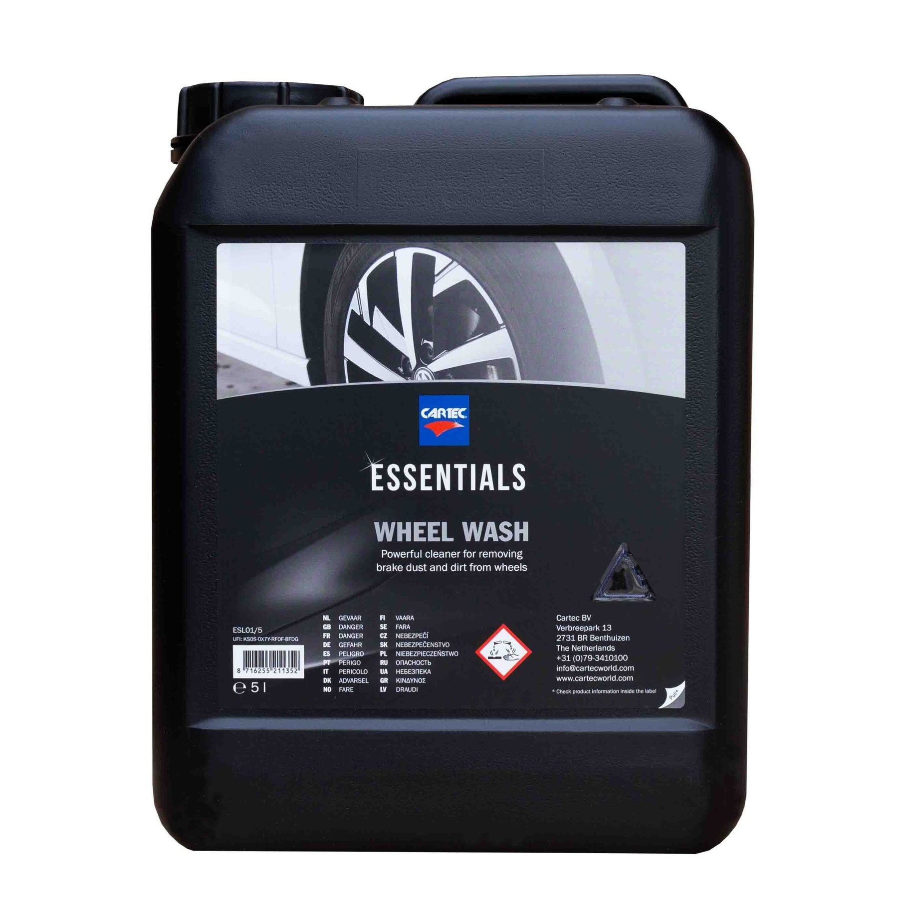 Tanica di CARTEC Wheel Wash da 5 litri, detergente potente per la pulizia approfondita dei cerchi del veicolo.