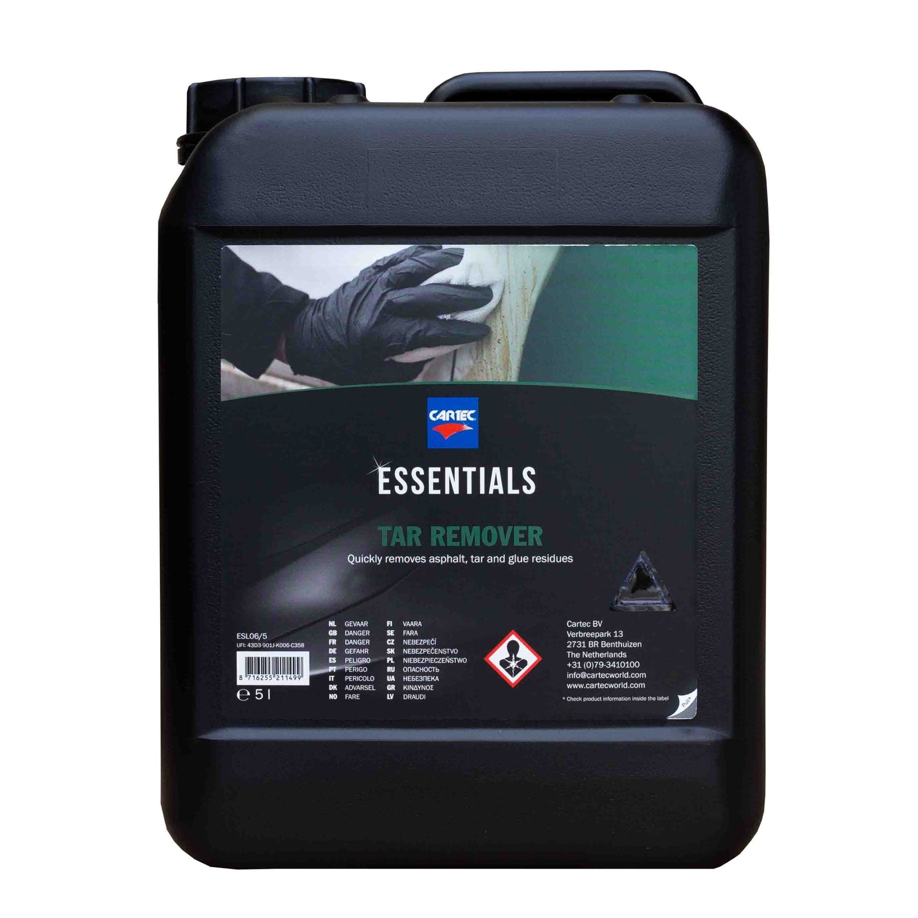 Tanica di CARTEC Tar Remover, detergente potente per la rimozione di catrame e resina dalla carrozzeria dei veicoli.