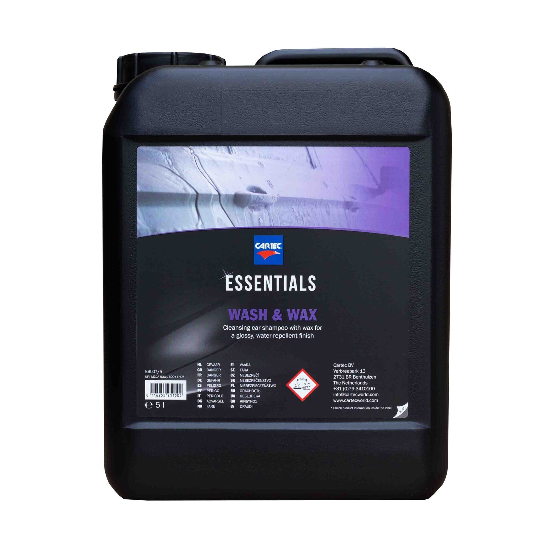 Tanica di CARTEC Wash & Wax da 5 litri, shampoo auto con cera per lavare e lucidare in un solo passaggio.