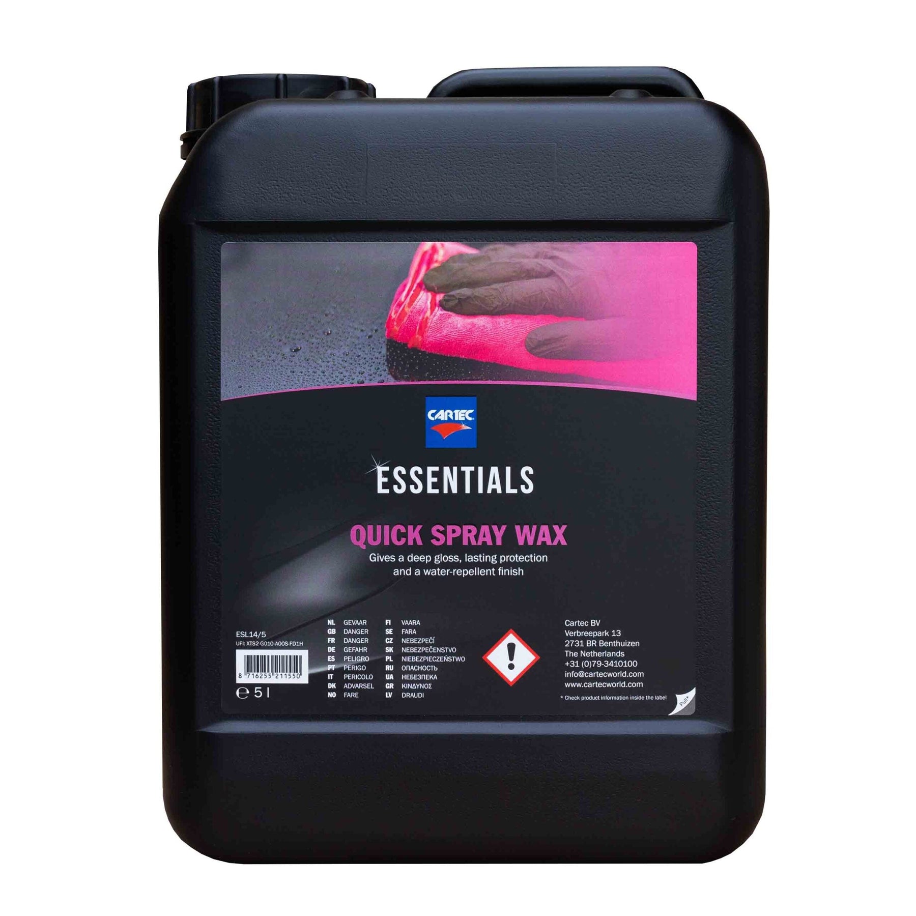Tanica da 5 litri di CARTEC Quick Spray Wax, cera spray rapida per una lucentezza profonda e protezione duratura della carrozzeria del veicolo.