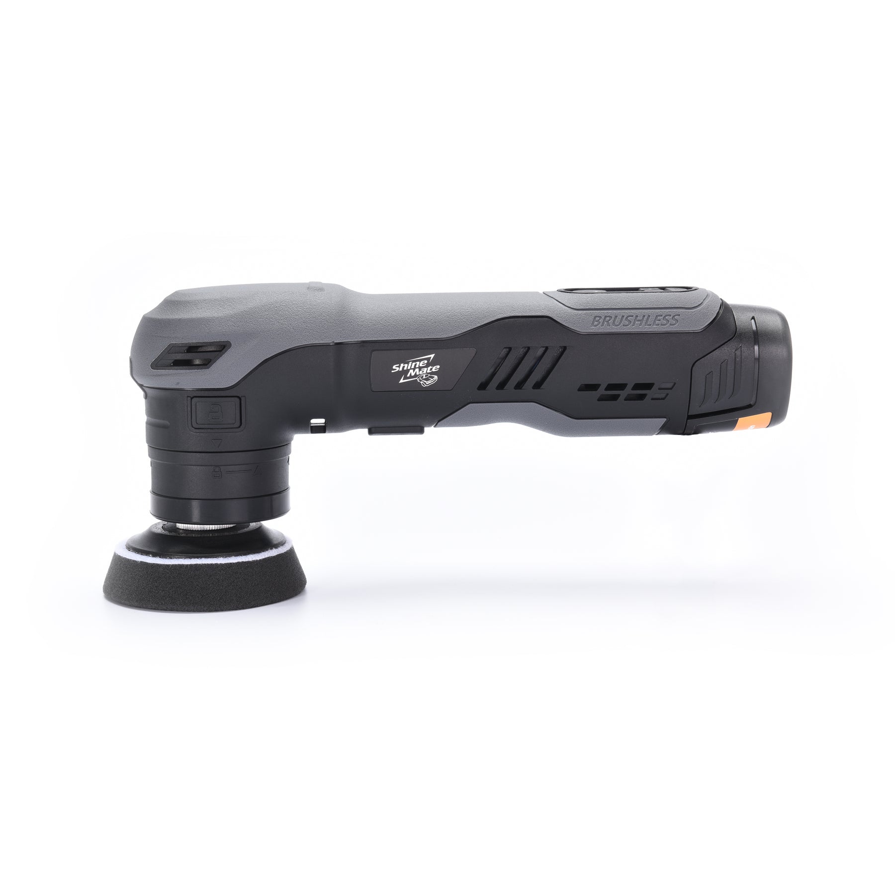 SHINEMATE EB210 Lucidatrice Rotativa Cordless vista laterale orizzontale, progettata per una lucidatura efficace e professionale nei lavori di detailing auto.