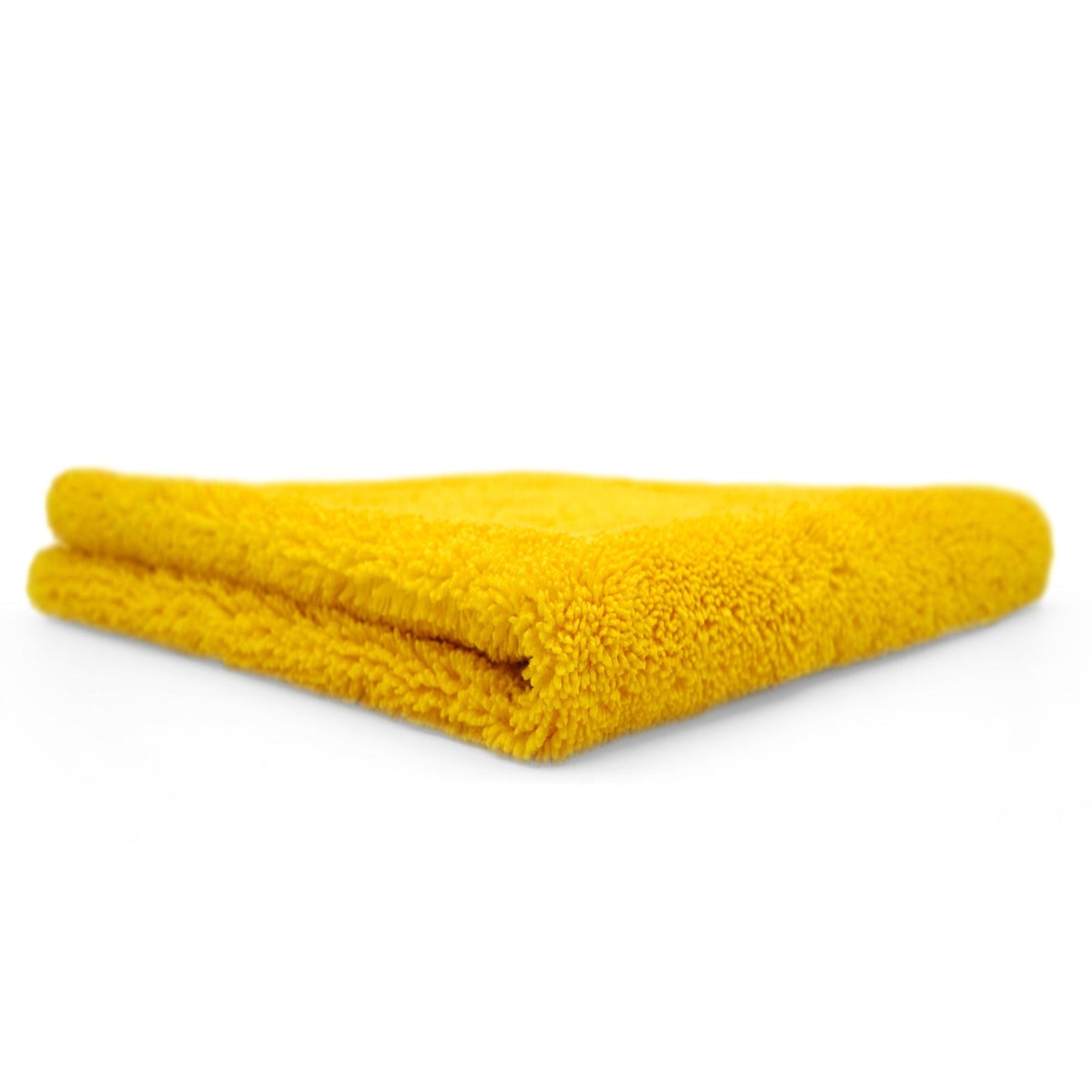 Panno in microfibra giallo Dual Pile 420, piegato e ultra soffice, progettato per una pulizia delicata e una lucidatura senza aloni delle superfici auto.