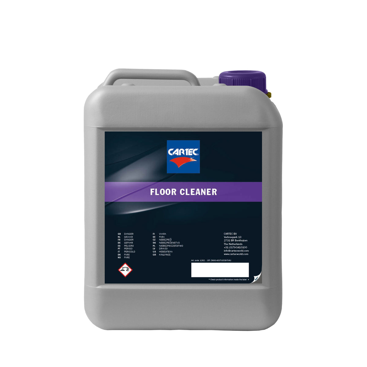 Tanica di detergente per pavimenti CARTEC Floor Cleaner con etichetta blu e viola.