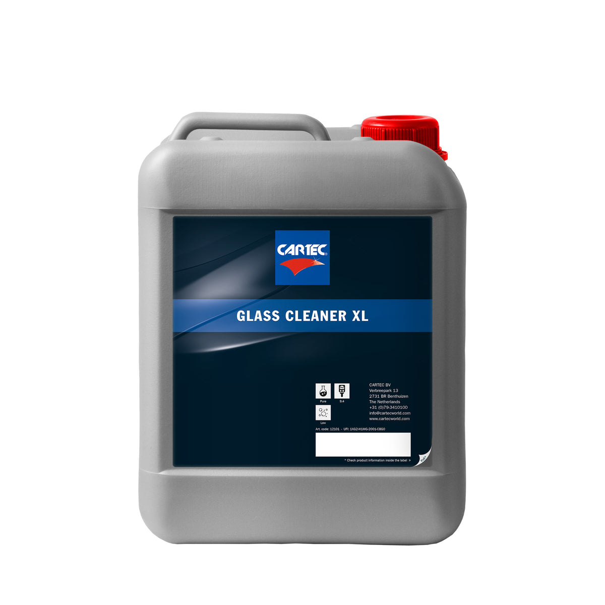 Tanica di detergente per vetri CARTEC Glass Cleaner XL con liquido blu e tappo blu.