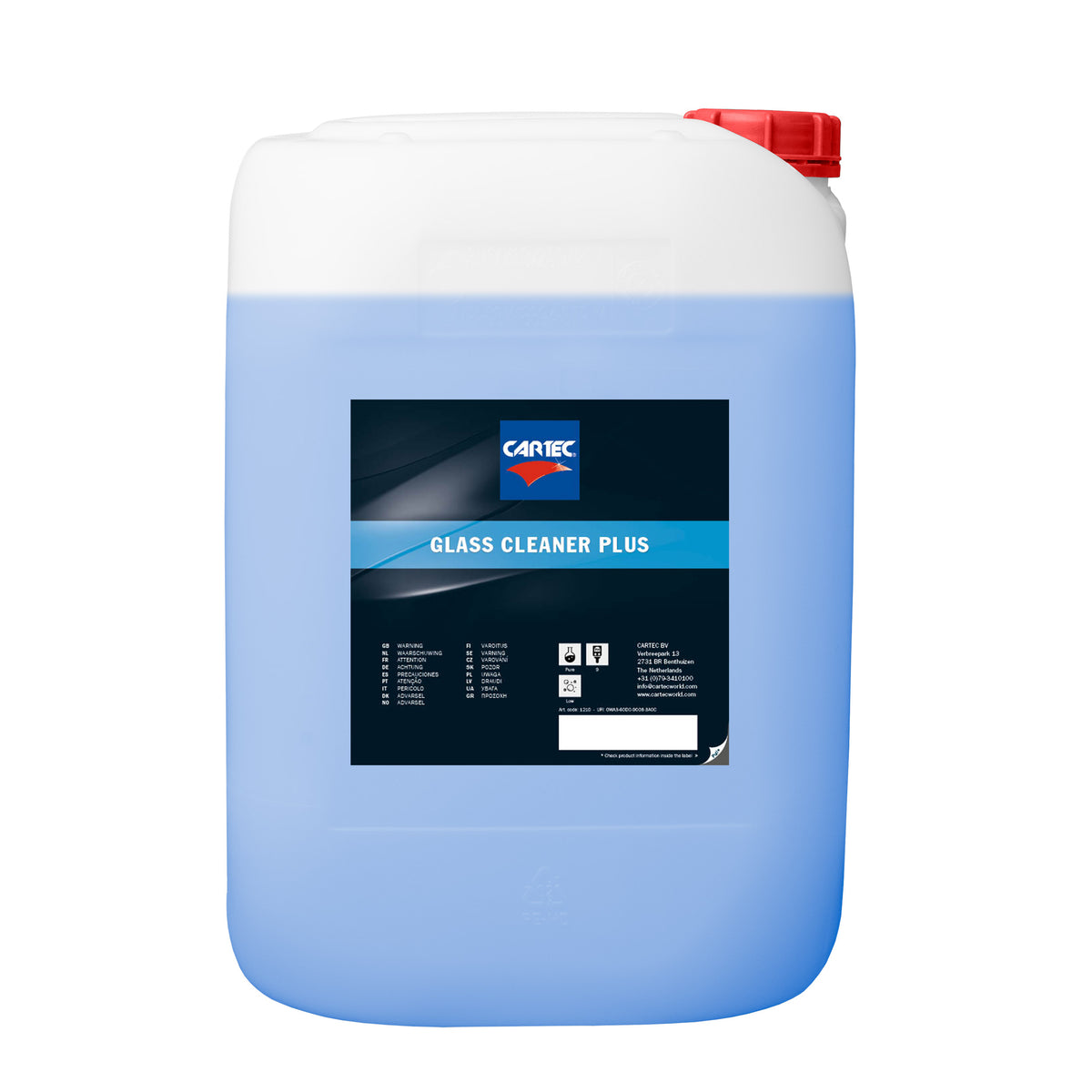 Tanica di detergente per vetri CARTEC Glass Cleaner Plus con liquido blu e tappo blu.