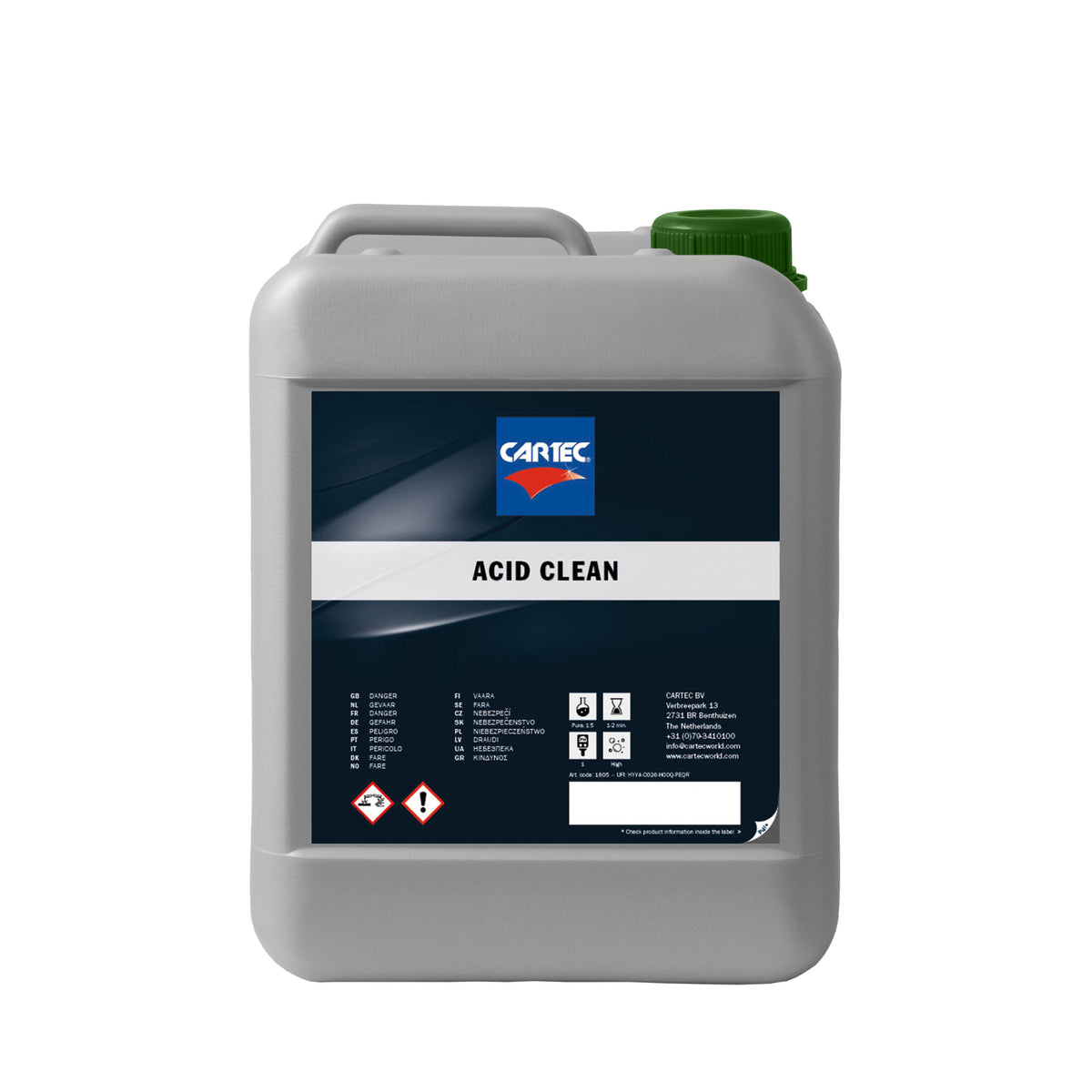 Tanica da 5 litri di CARTEC Acid Clean – potente detergente acido per la rimozione di contaminazioni e sporco ostinato dalle superfici dell'auto, ideale per una pulizia profonda.