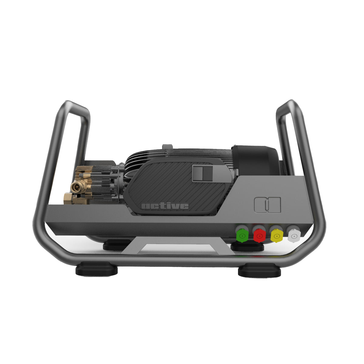 Vista laterale dell’idropulitrice Active 2.3 con struttura compatta, pompa Pro a 5 pistoni e ugelli codificati a colori per un utilizzo professionale e versatile.