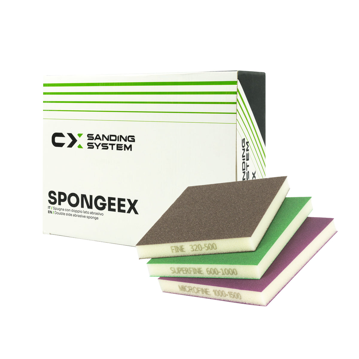 Confezione SPONGEEX CX Sanding System con spugne abrasive doppio lato in grane FINE, SUPER FINE e MICRO FINE