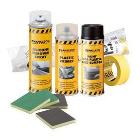 Kit verniciatura plastiche CHAMALEON con primer, vernice spray, remover, nastro di mascheratura, abrasivi e film protettivo per auto.