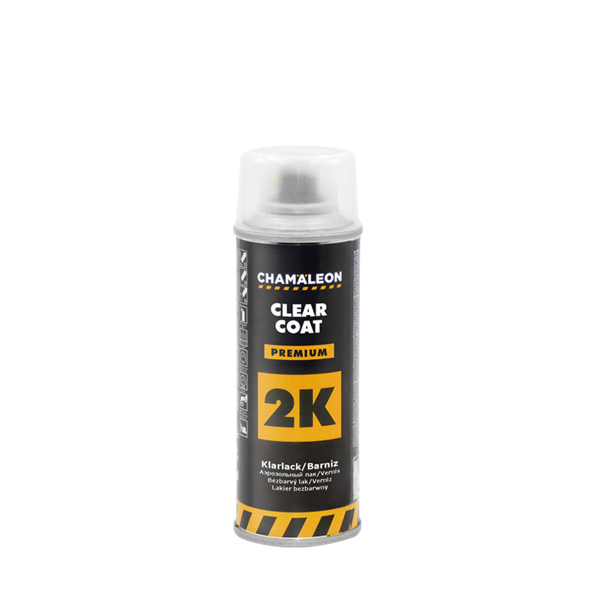 Chamaleon Aerosol 2K Clear Coat Premium, vernice trasparente spray per finiture professionali e resistenti su varie superfici.