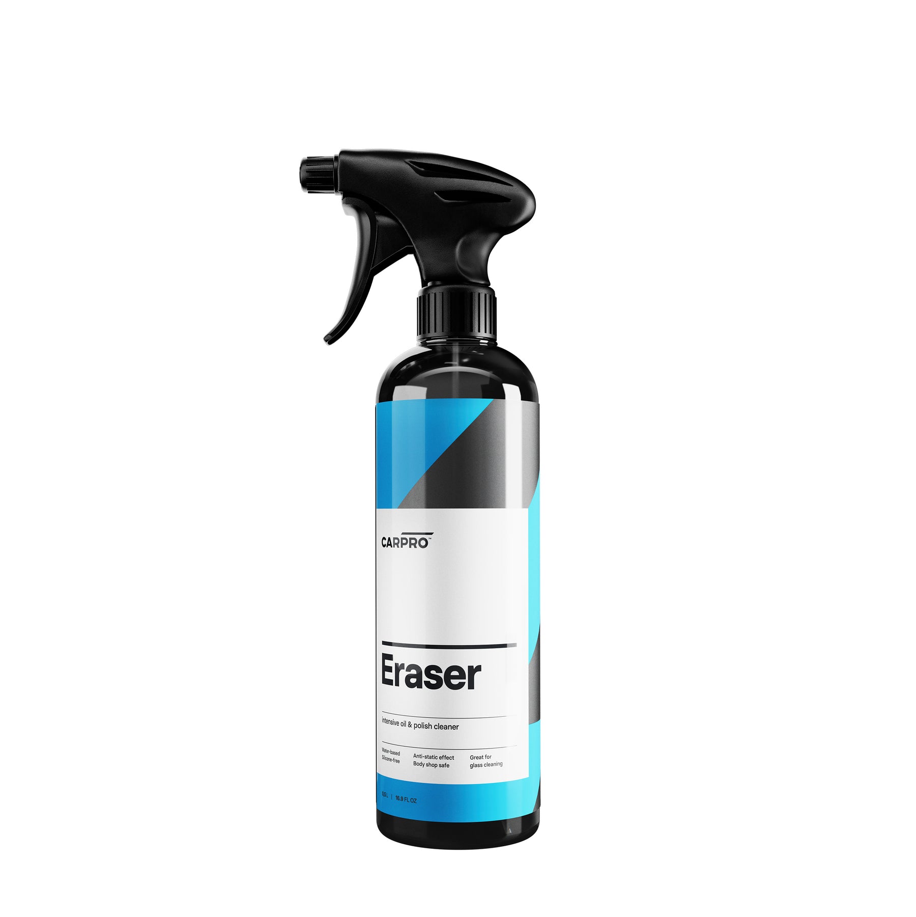 Flacone di CARPRO Eraser su sfondo bianco, detergente a base di alcool per rimuovere residui di polish e preparare la superficie del veicolo alla protezione.