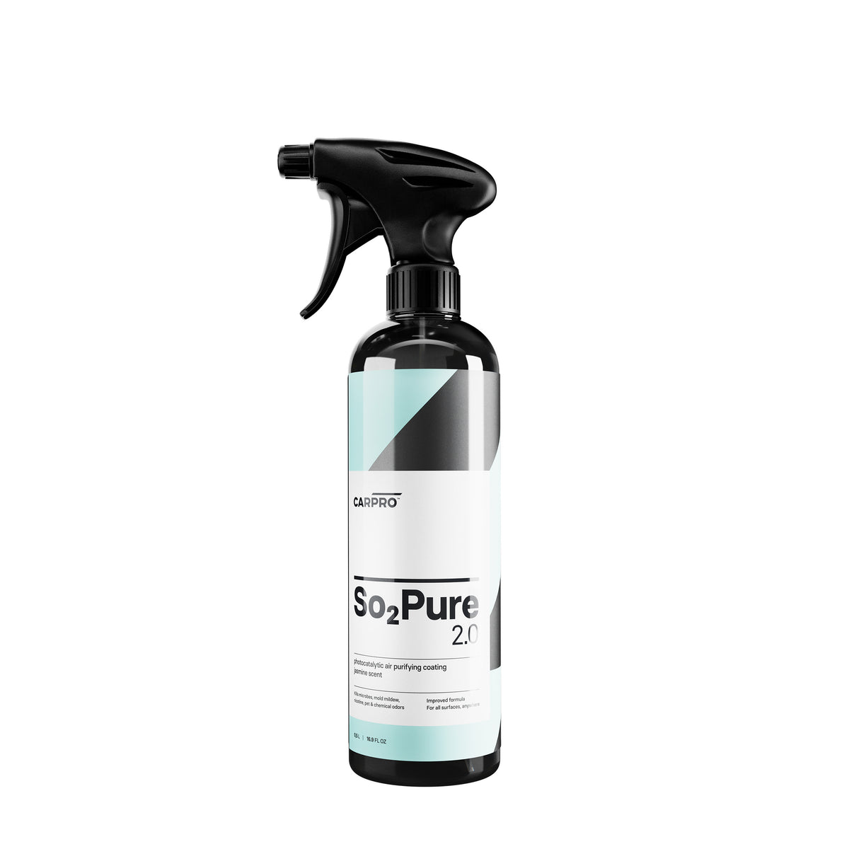 Bottiglia spray di CARPRO So2Pure 2.0 purificatore d'aria con etichetta bianca e verde, su sfondo bianco.