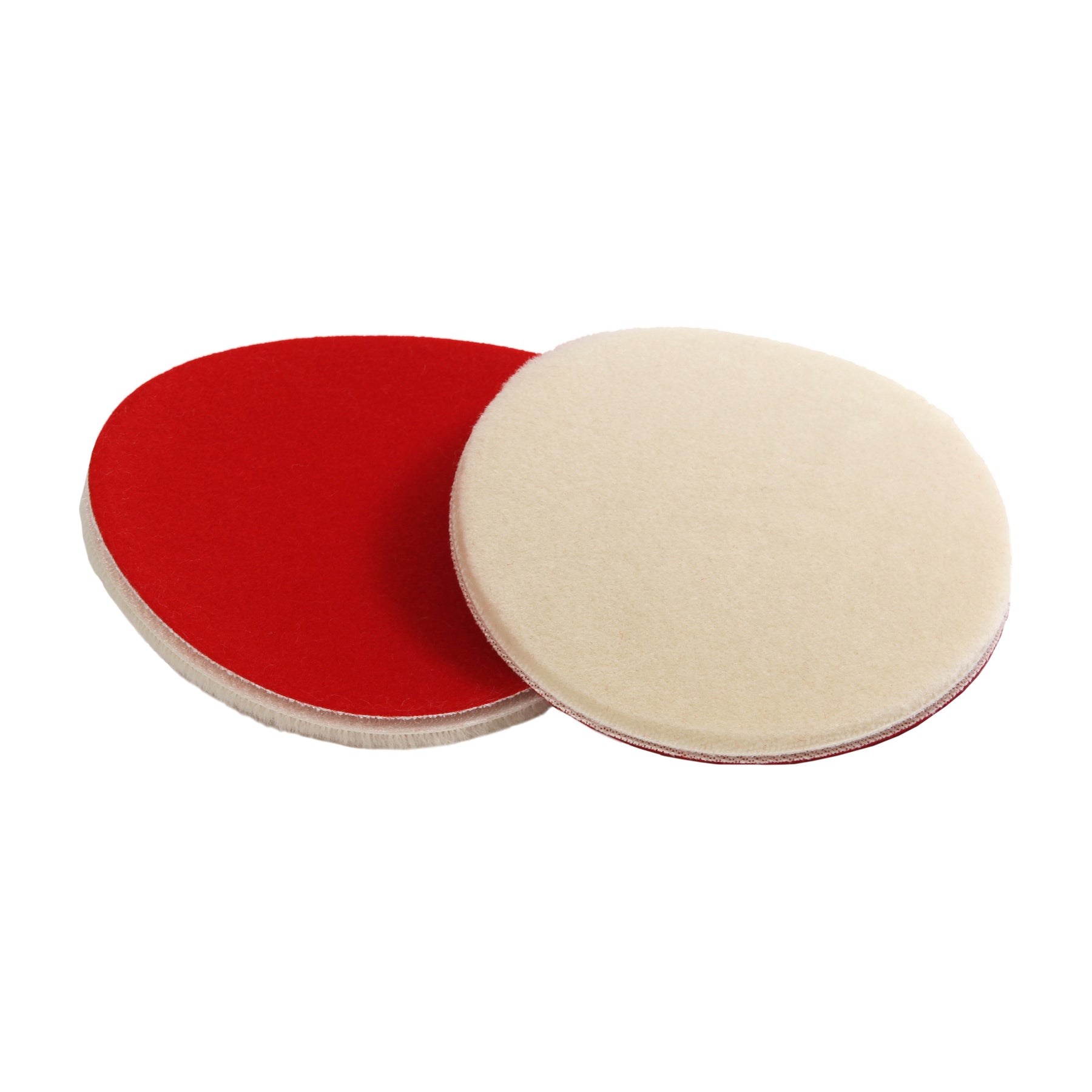 Due tamponi CARPRO Cool Wool,con superficie bianca e retro rosso, ideali per lucidatura auto e rimozione difetti.
