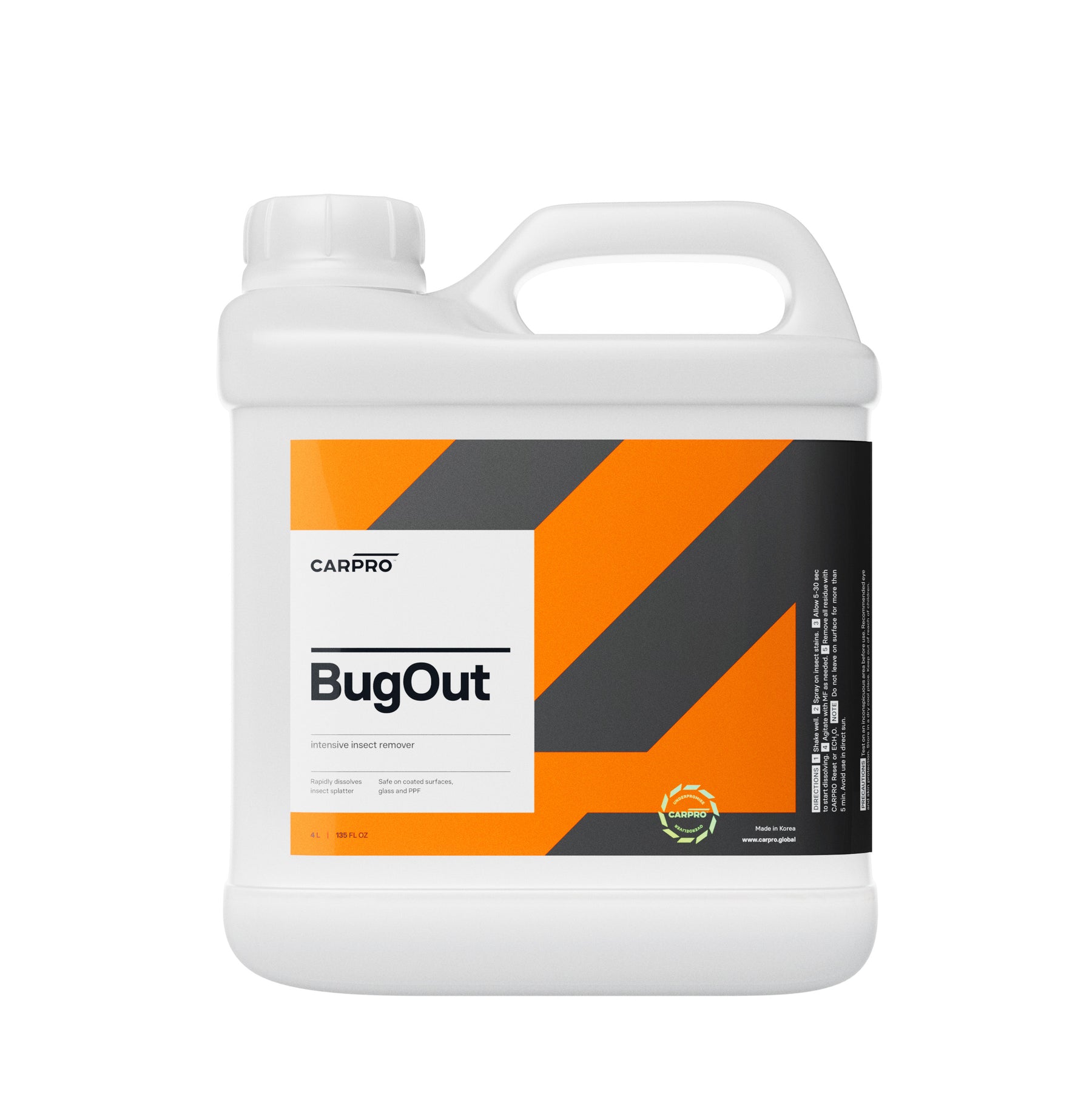 Tanica di detergente CARPRO Bug Out, formulato per rimuovere rapidamente e in modo efficace i residui di insetti dalla carrozzeria del veicolo, ideale per detailers professionisti.