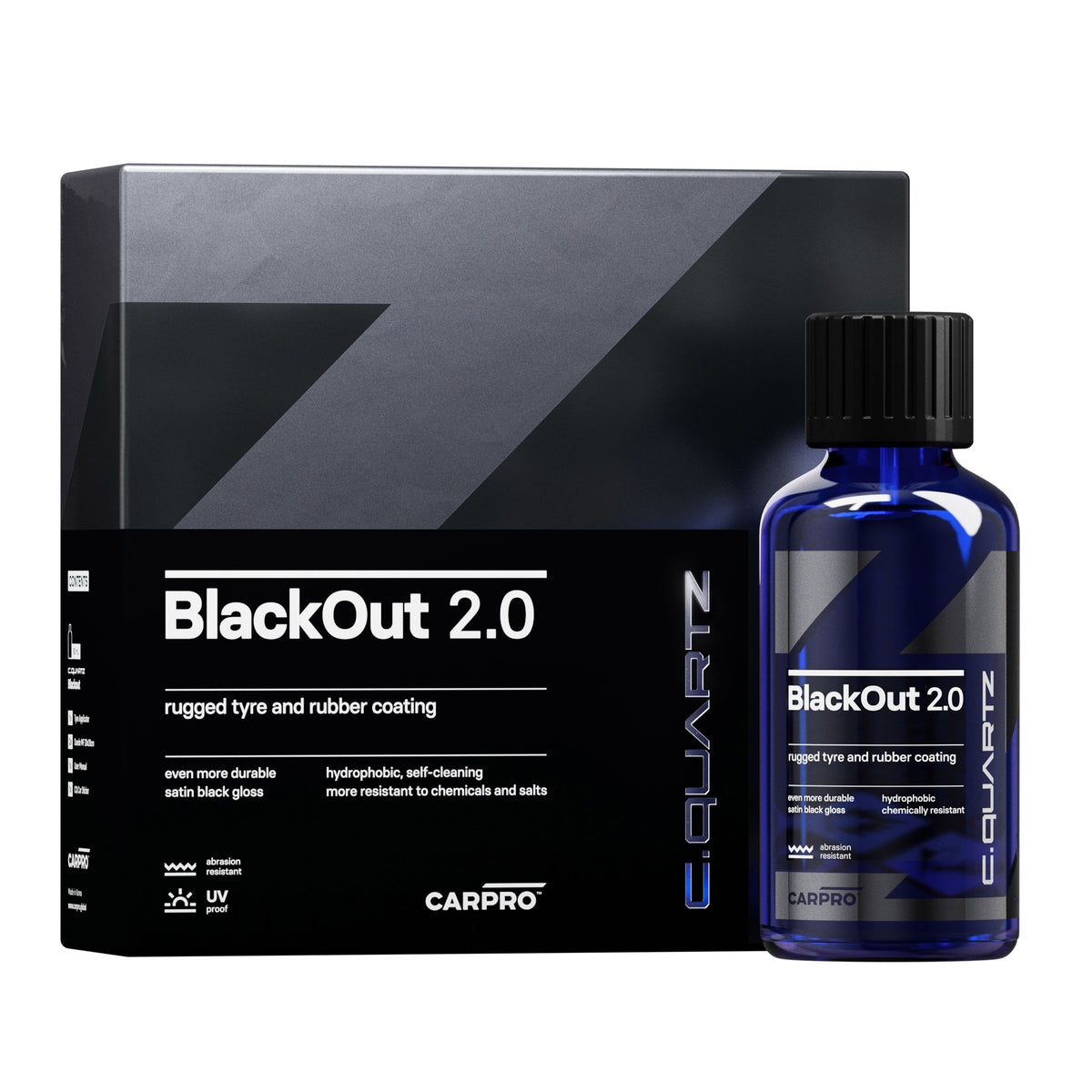 Kit CARPRO BlackOut 2.0 con confezione e flacone, rivestimento satinato per pneumatici resistente ad agenti chimici, sale e raggi UV.