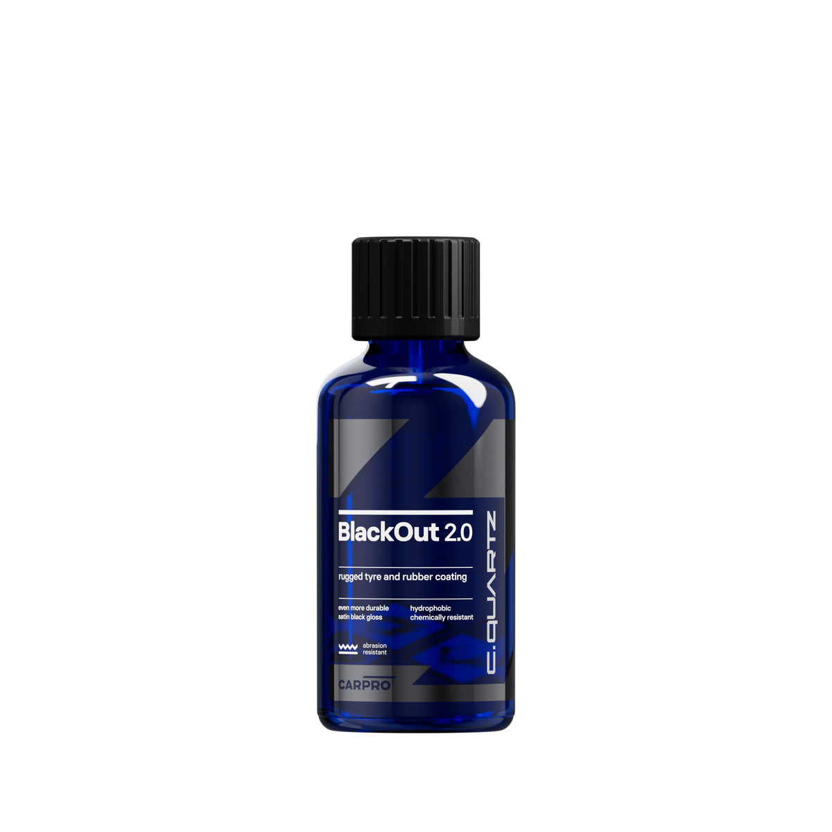 Boccetta CARPRO BlackOut 2.0 coating per pneumatici e gomma, effetto satinato a lunga durata e resistenza chimica elevata.