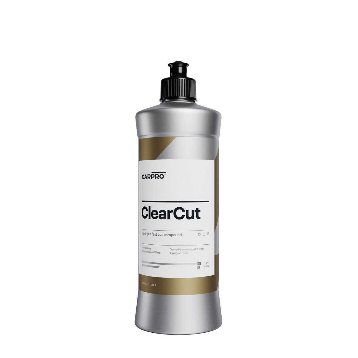  Bottiglia di CARPRO ClearCut su sfondo bianco, perfetta per rimuovere graffi e imperfezioni durante la lucidatura dei veicoli.
