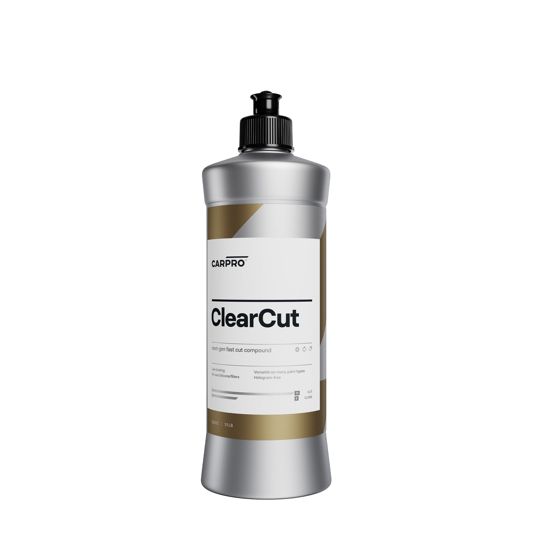  Bottiglia di CARPRO ClearCut su sfondo bianco, perfetta per rimuovere graffi e imperfezioni durante la lucidatura dei veicoli.