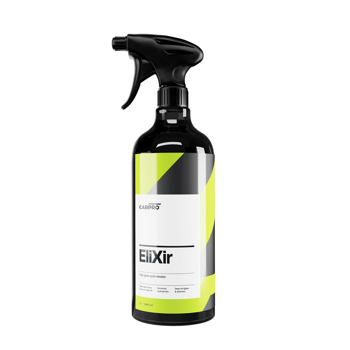 Flacone di CARPRO EliXir su sfondo bianco, quick detailer a base di silice per una finitura brillante e protezione superiore del veicolo.