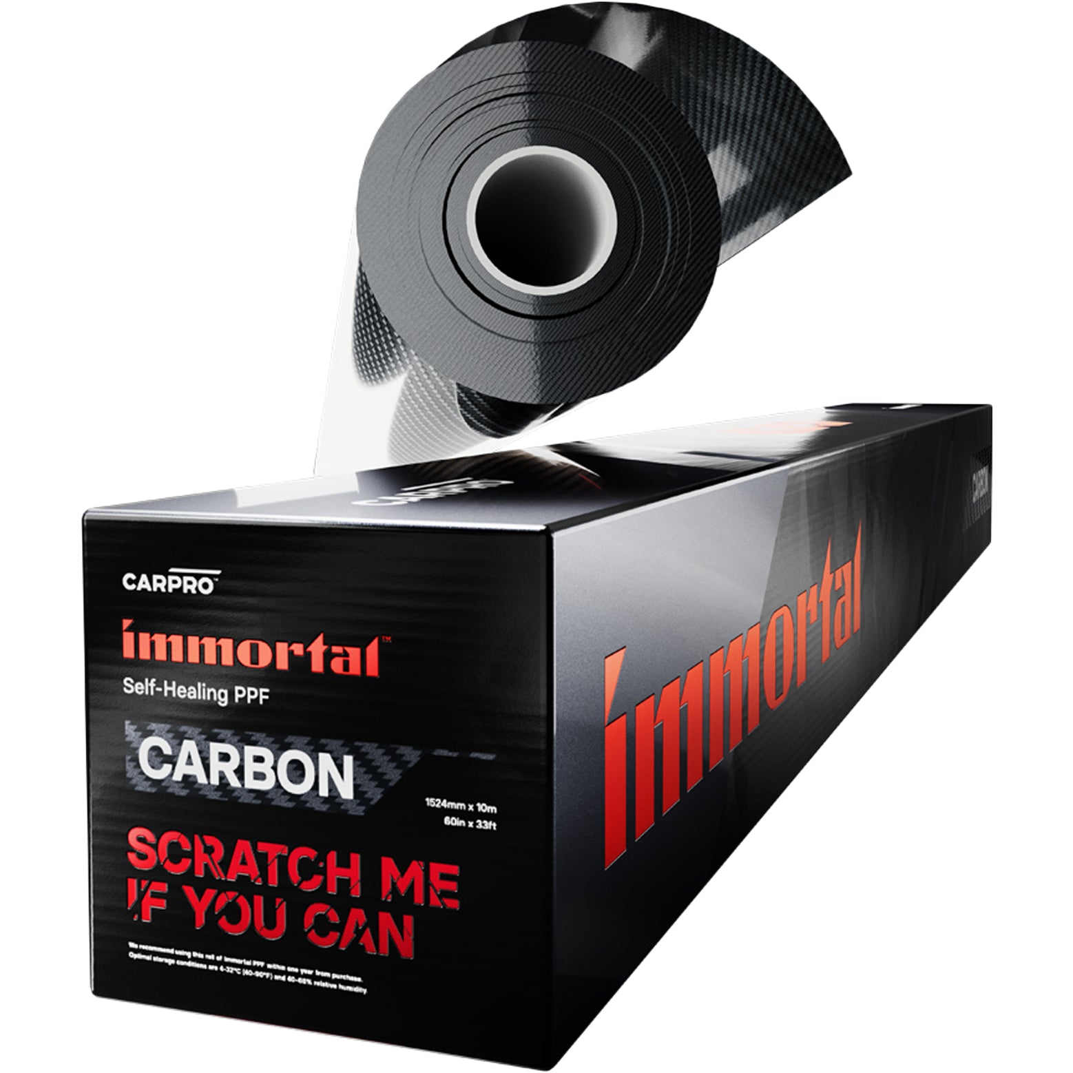 Rotolo di pellicola protettiva CARPRO Immortal™ Carbon con tecnologia auto-rigenerante, progettato per proteggere le superfici automobilistiche da graffi e danni.