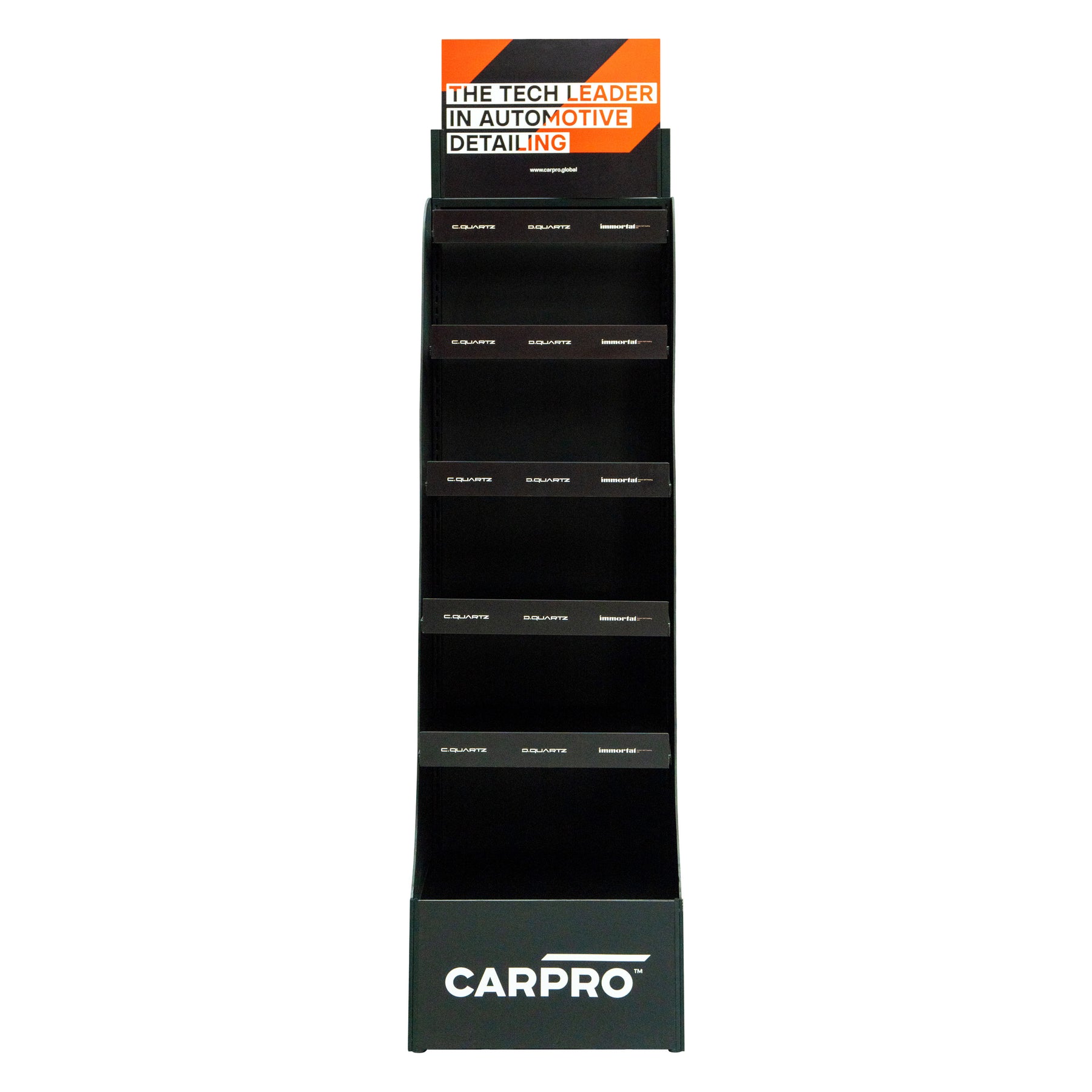 Espositore a pavimento CARPRO nero, ideale per organizzare e mostrare prodotti di detailing in modo professionale, su sfondo bianco.