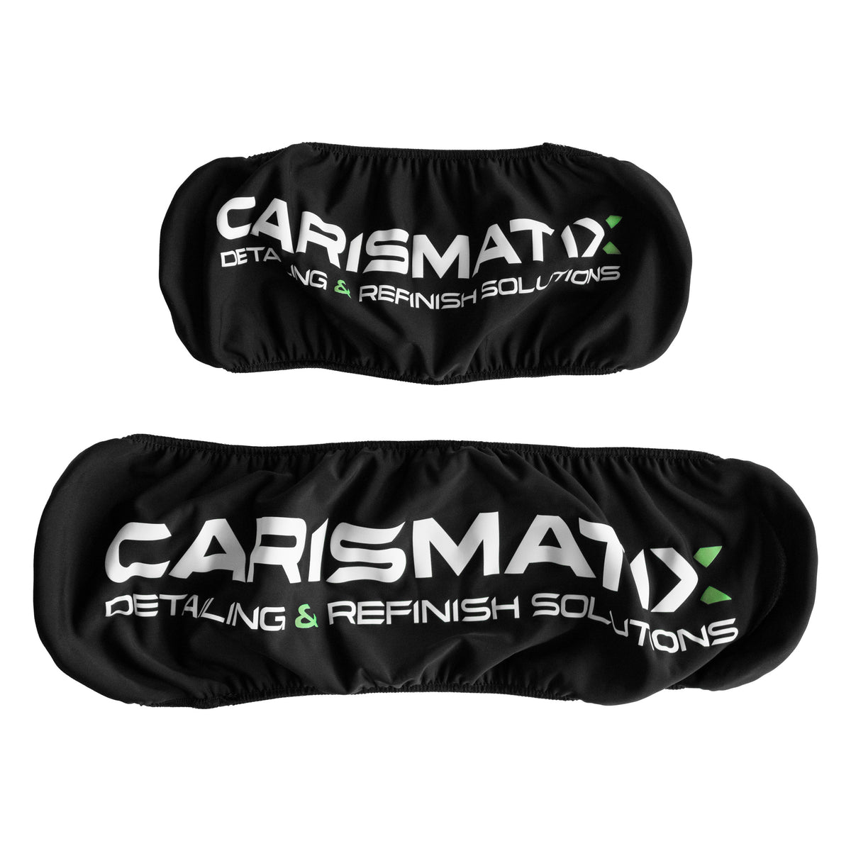 Kit copritarga Carismatix nero con logo bianco e verde, ideale per proteggere le targhe durante il lavaggio e detailing professionale.