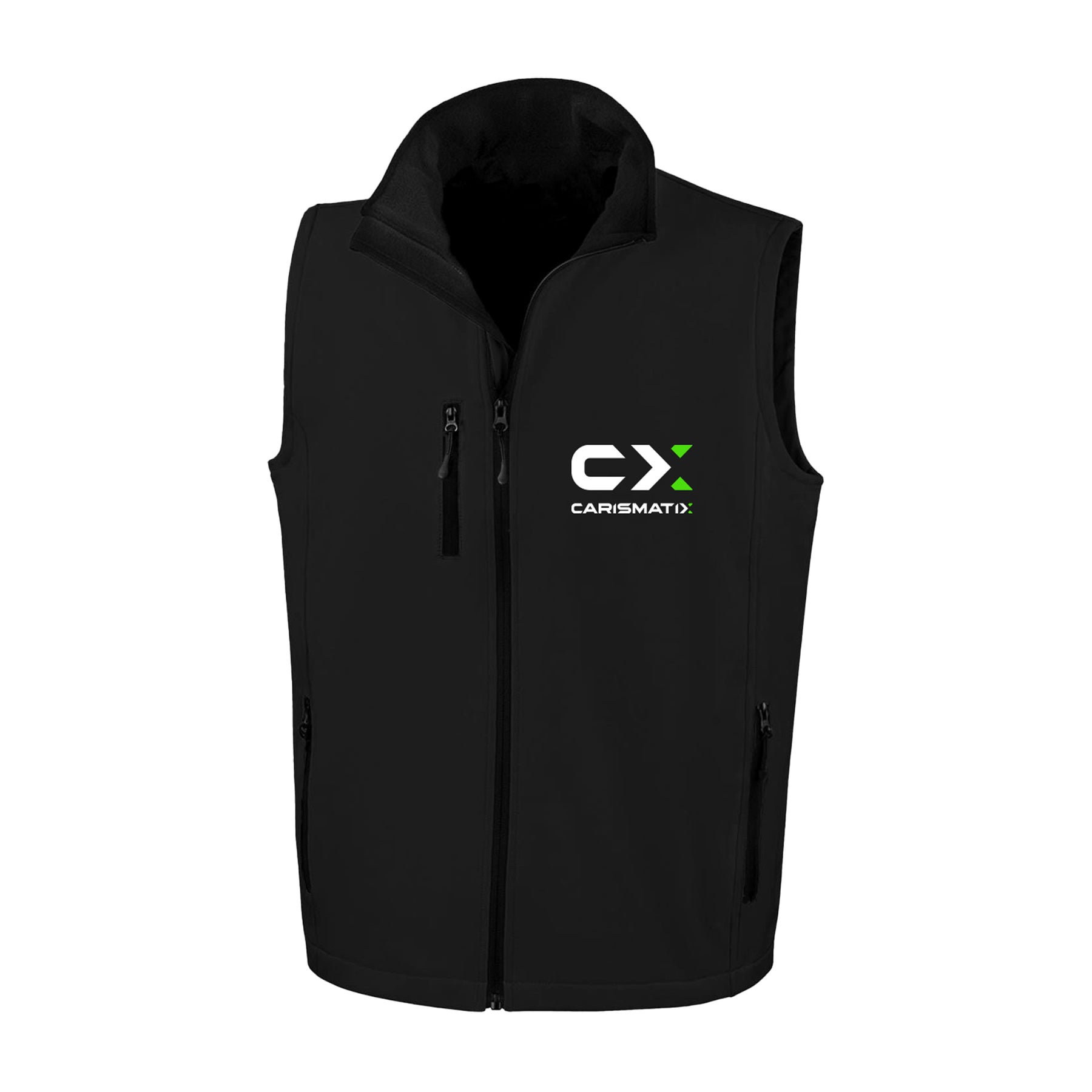 Gilet nero Carismatix con logo bianco e verde, design moderno con zip frontale e tasche laterali, ideale per professionisti.