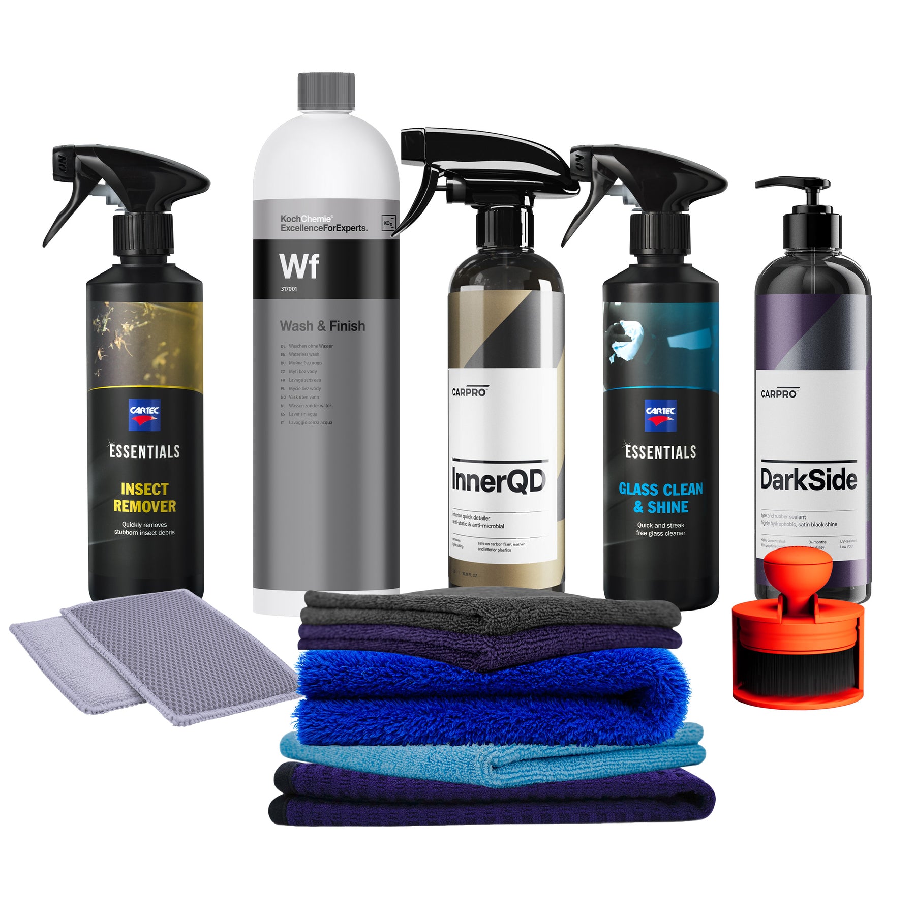 CARPRO Detailing Summer Kit completo con prodotti BugOut, Ech2O, Dilute, InnerQD, DarkSide e panni in microfibra per pulizia waterless auto.