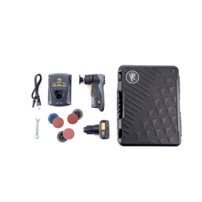 Vista dall’alto del kit ShineMate EB202A con valigetta, levigatrice cordless, batteria, caricabatterie, dischi abrasivi e accessori per finitura professionale