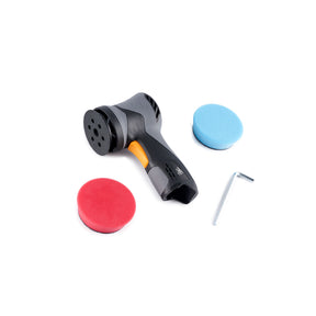 Lucidatrice ShineMate EB213 cordless vista dall'alto con tamponi rosso e blu e chiave a brugola