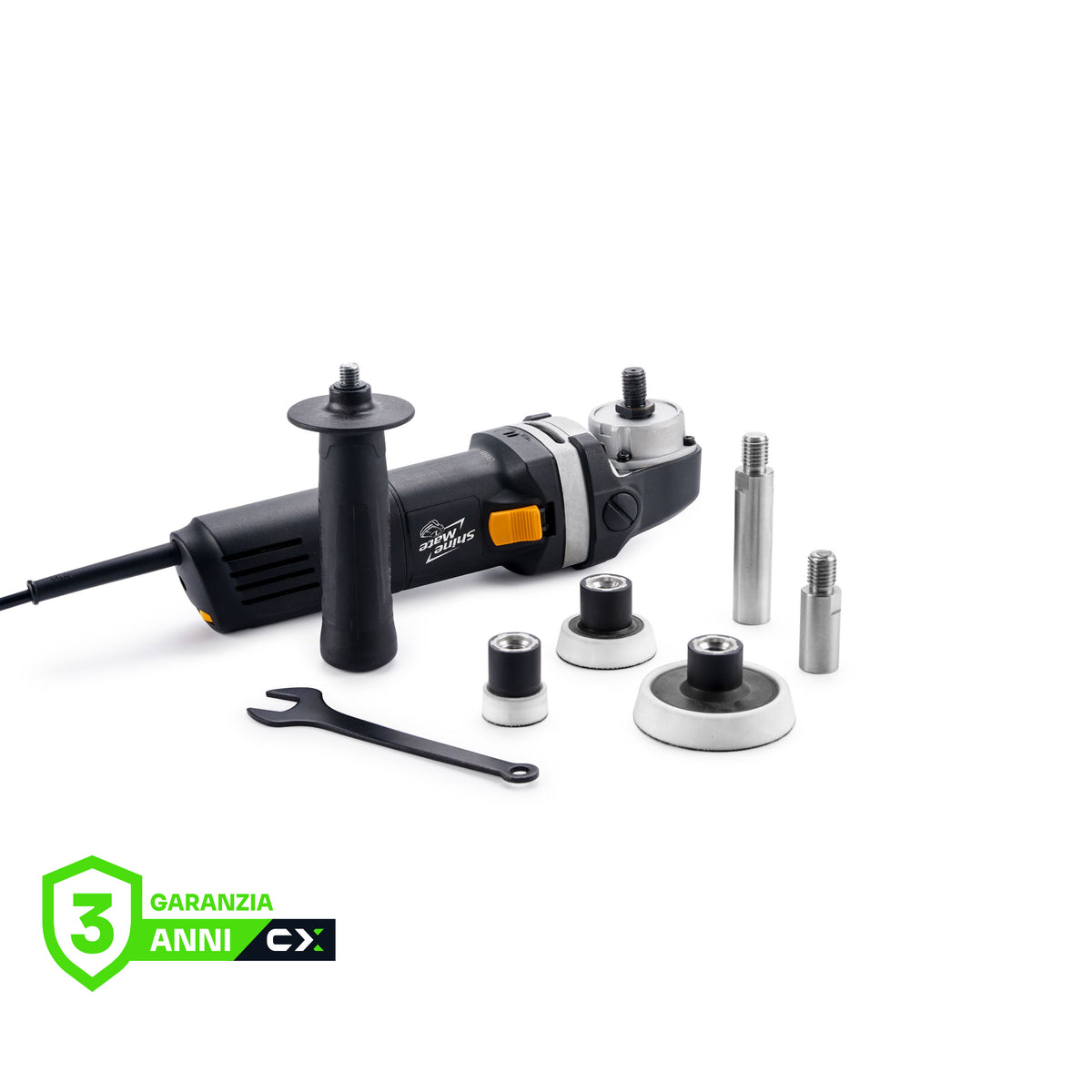 Lucidatrice ShineMate EP803 con impugnatura laterale montata e accessori: adattatori, platorelli e chiave