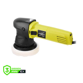 Lucidatrice rotorbitale ShineMate ERO600 G1+ con impugnatura gialla, platorello da 125 mm e tampone bianco, ideale per il car detailing entry level