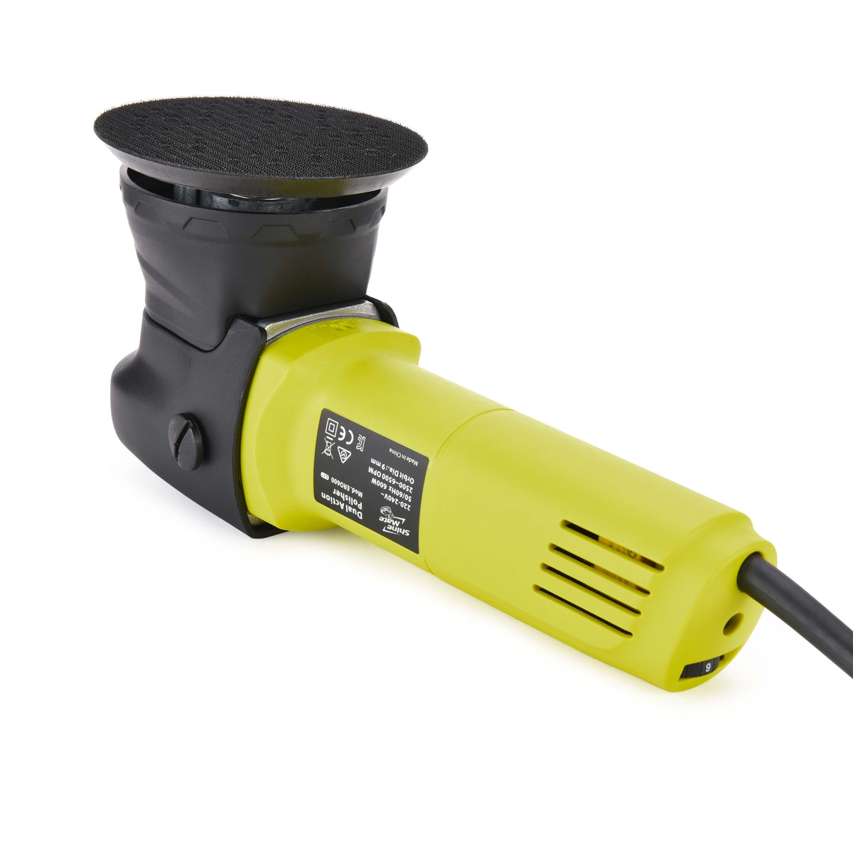 Vista posteriore della lucidatrice ShineMate ERO600 G1+ con etichetta tecnica, platorello da 125 mm e impugnatura ergonomica gialla