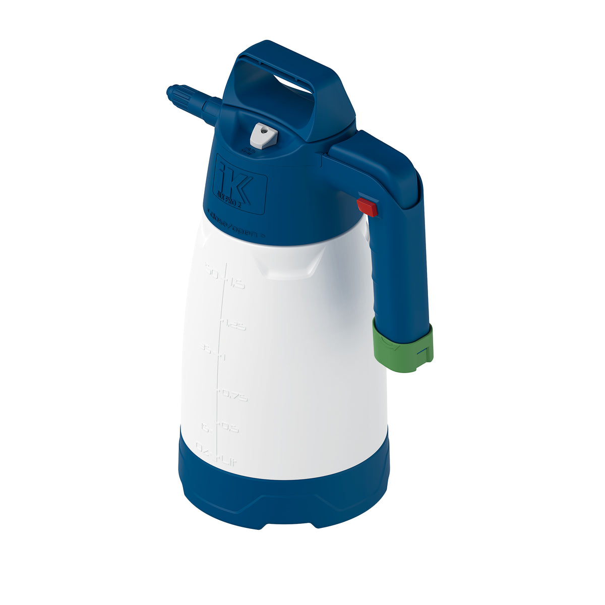 IK Alk Pro 2 – Vista angolare del nebulizzatore con impugnatura ergonomica, indicatore di livello e identificatore di contenuto a colori per detergenti professionali.