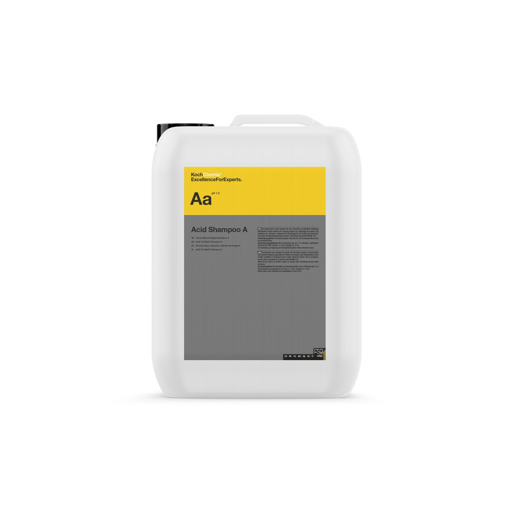Tanica da 20 litri di KOCH-CHEMIE Acid Car Wash Shampoo A, shampoo acido concentrato pH 1 per autolavaggi professionali.