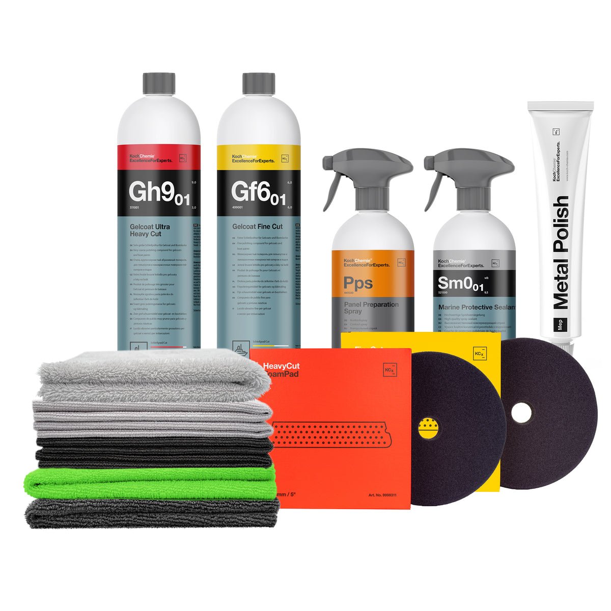 Kit lucidatura barche Koch-Chemie con compound Gh9.01 e Gf6.01, Plast Star, sigillante Sm0.01, Metal Polish, pad e panni per preparazione estiva