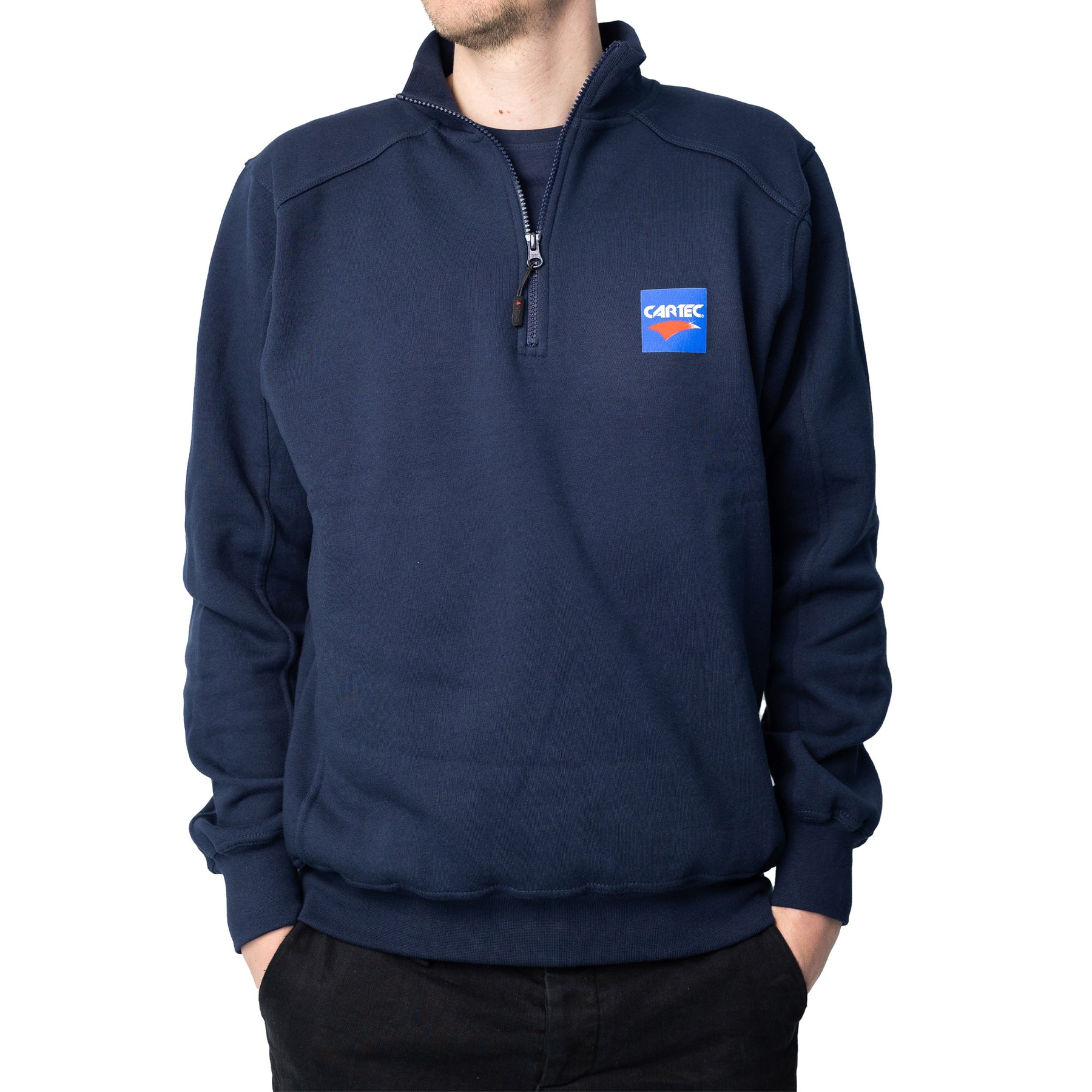 Zipsweater CARTEC blu navy unisex con zip mezza lunghezza e logo frontale