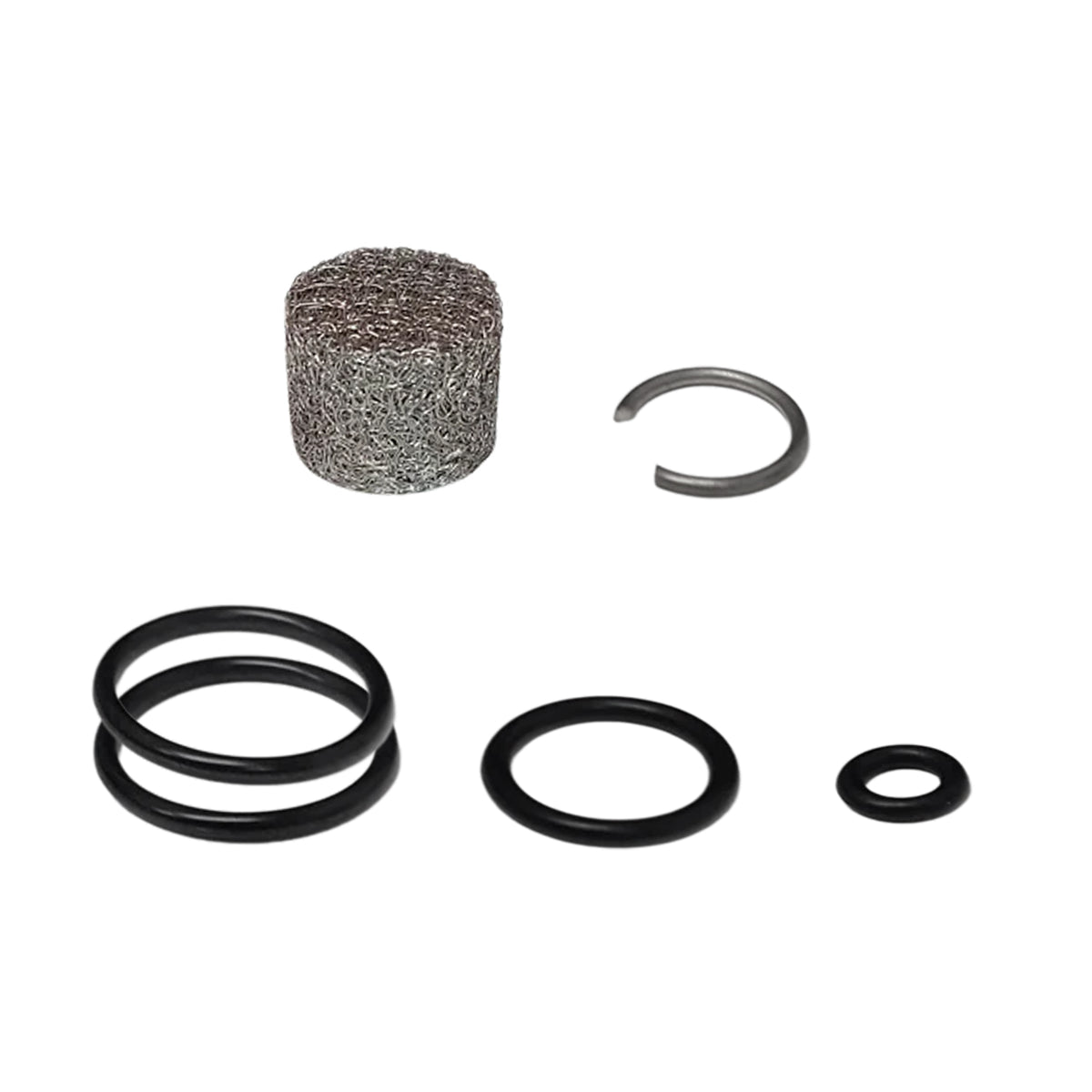 Componenti del kit manutenzione MTM PF22: filtro, ugello in acciaio inox, O-ring e clip di fissaggio.