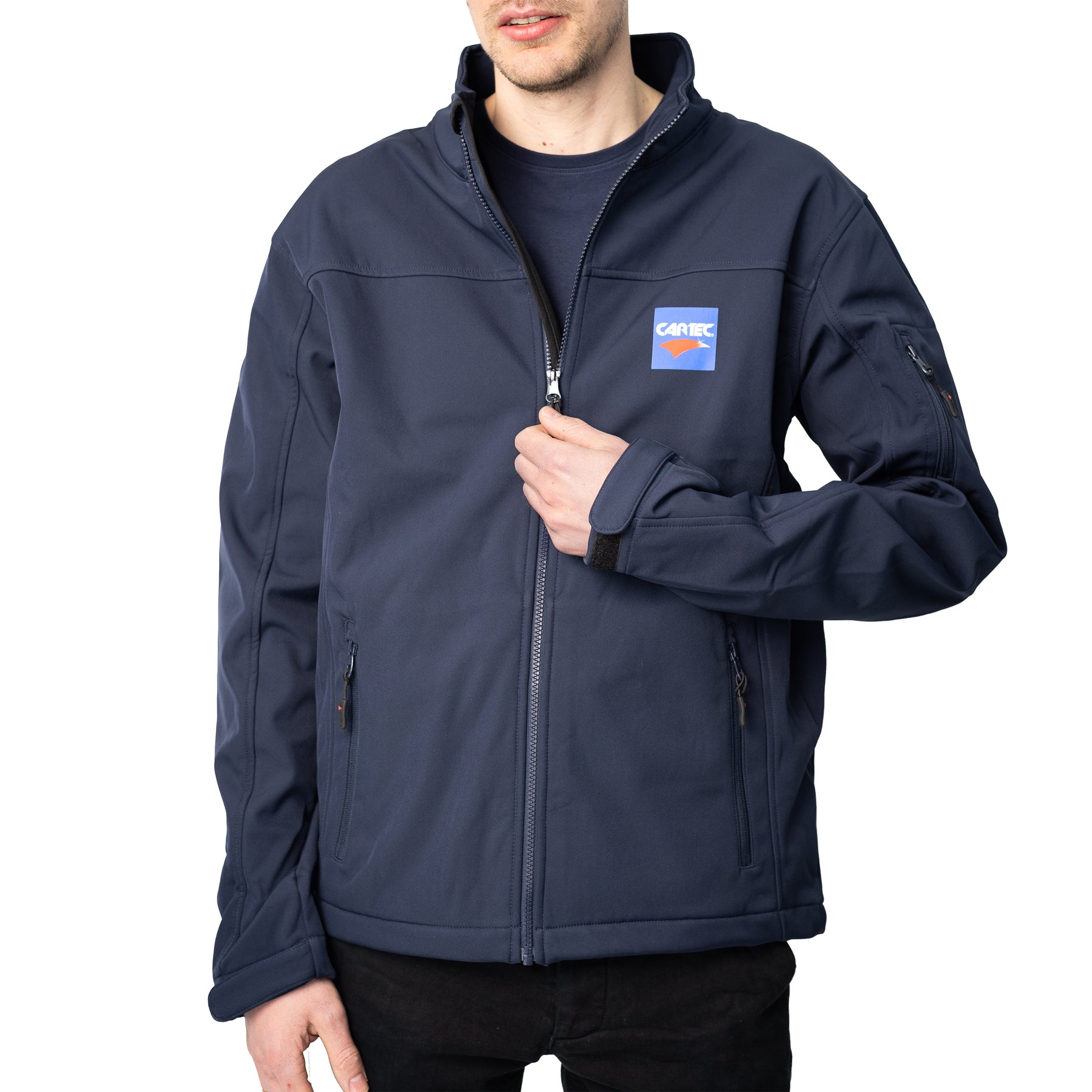 Giacca softshell CARTEC blu navy da uomo con zip frontale e logo stampato
