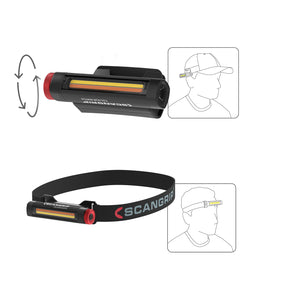 Lampada SCANGRIP UNIMATCH con supporto regolabile, utilizzabile con fascia o clip per cappello, ideale per un'illuminazione precisa e versatile nel detailing.