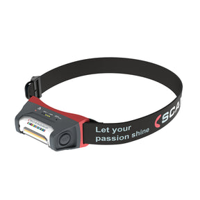 SCANGRIP I-MATCH 4 vista laterale con fascia regolabile “Let your passion shine”, lampada LED CRI+