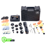 Set completo SHINEMATE EB210 Lucidatrice Rotativa Cordless con accessori inclusi: lucidatrice, caricabatterie, vari tamponi, adattatori, chiavi e valigetta di trasporto, ideale per ottenere una finitura professionale nel detailing auto.