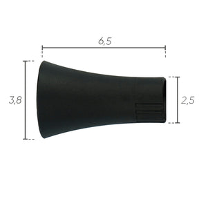 Terminale IDROBASE per A-vortice Aria Gold con misure dettagliate: lunghezza 6,5 cm, diametro maggiore 3,8 cm, diametro minore 2,5 cm