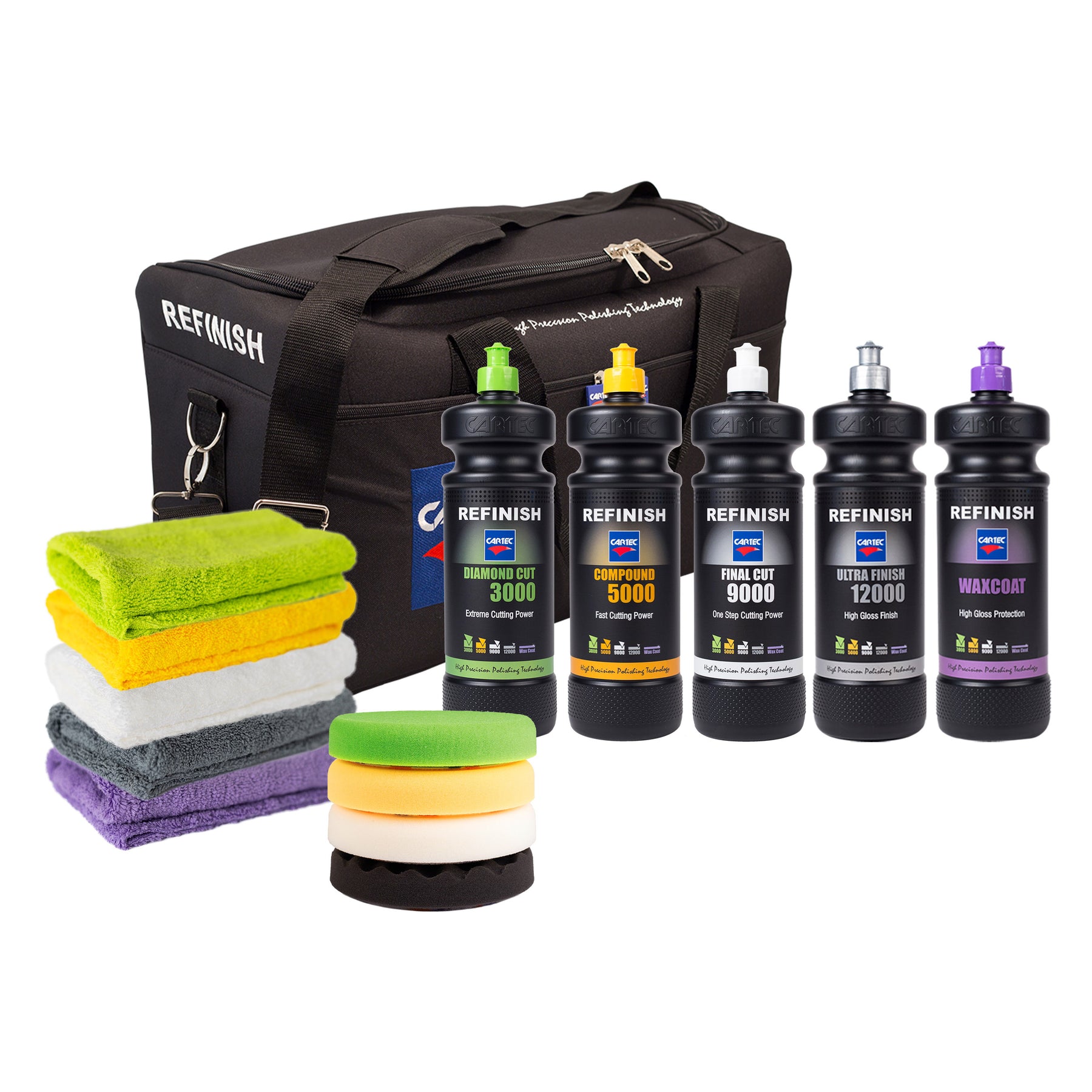 Kit Lucidatura CARTEC Refinish Polishing Bag con prodotti e accessori per una lucidatura professionale, inclusi flaconi, tamponi e panni in microfibra.